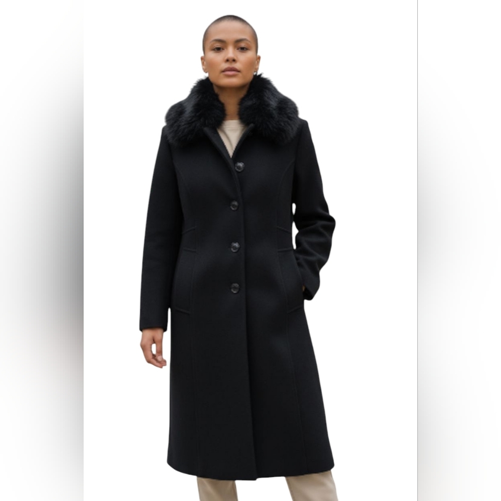 Elegant Black Trench Wool Coat with Luxurious Fur Collar Size for 3/4